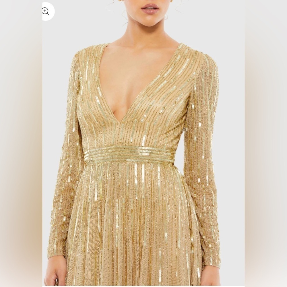 NWT | Mac Duggal 4977  Taupe Gold Sequined V Neck Sleeve A Line Gown Size 4 - Picture 3 of 14